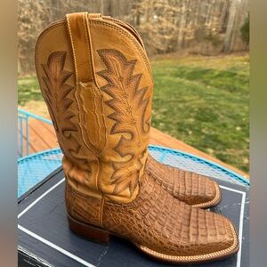 Lucchese Tan Burnish Horn Caiman Wide Square Toe Cowboy Boots